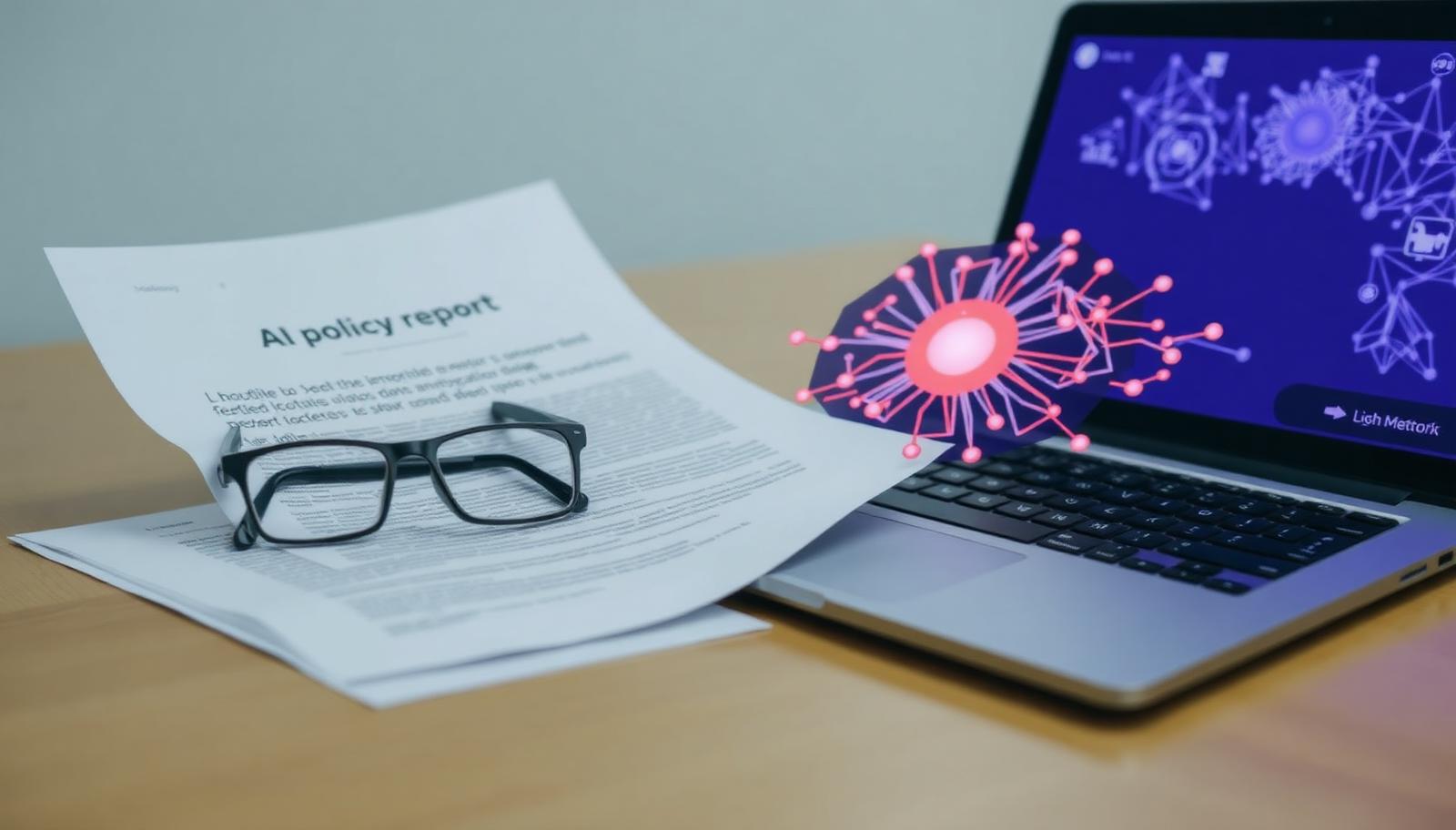 A printed policy report and reading glasses on a desk beside a laptop showing an abstract network diagram