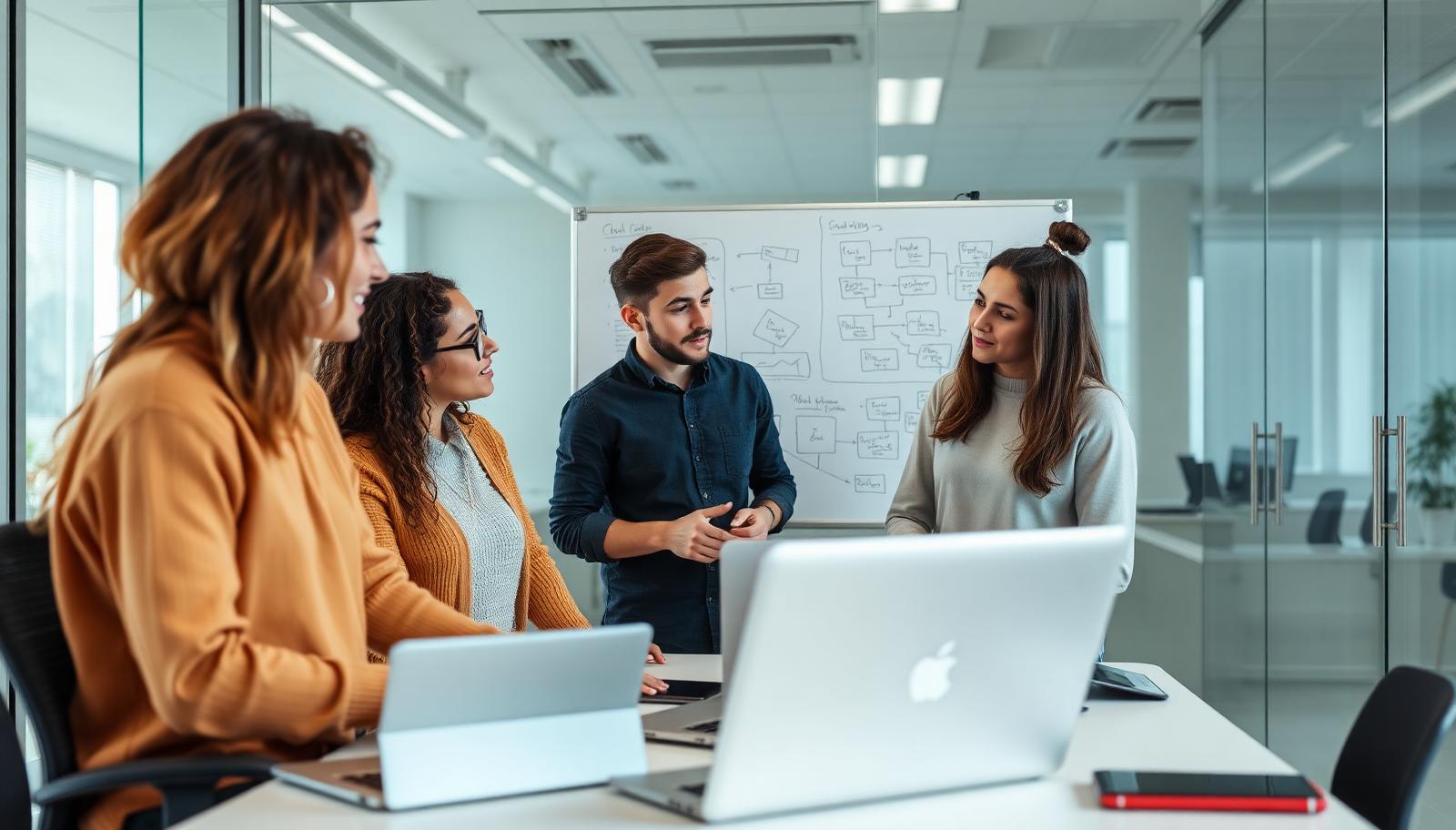Four young technology workers discussing diagrams on a whiteboard in a bright office