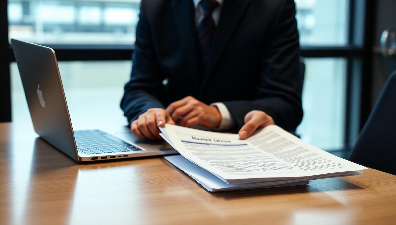 A desk with a printed regulatory document, reading glasses and a laptop showing a compliance checklist