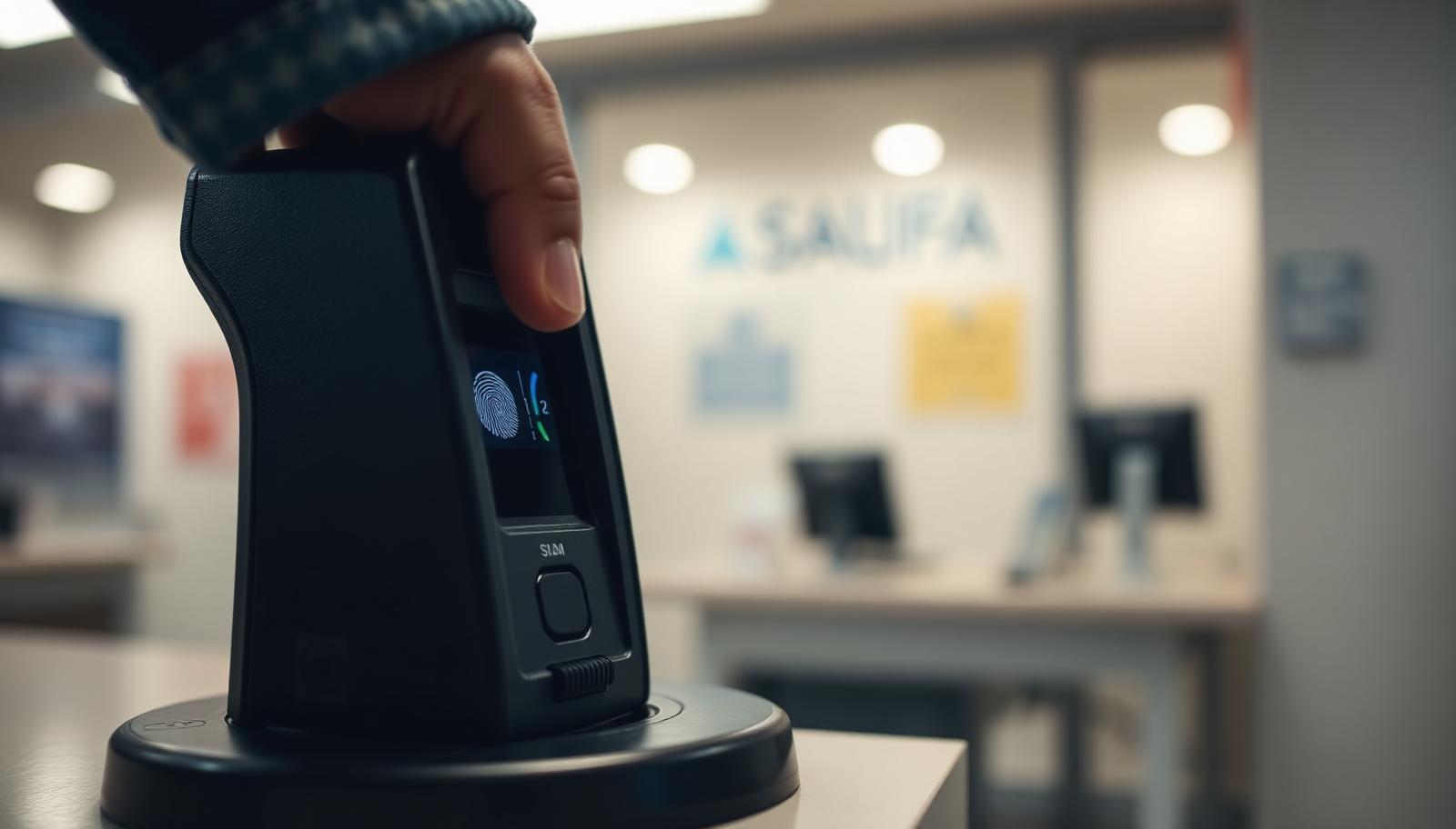 Close-up of a hand using a fingerprint scanner device on a service counter