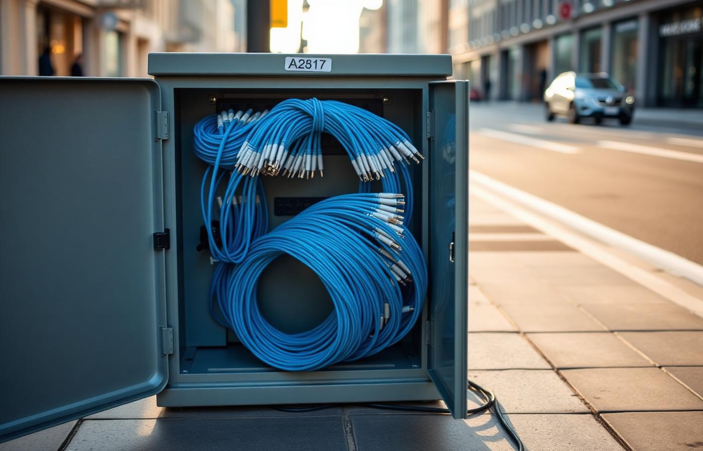An open grey street cabinet filled with blue fibre patch cables on a pavement