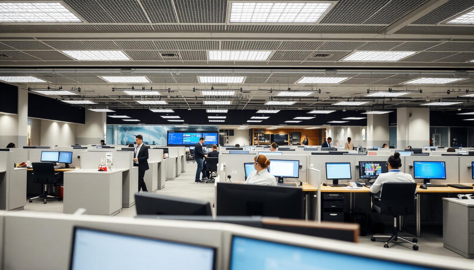 An open-plan business services floor with rows of headset workstations