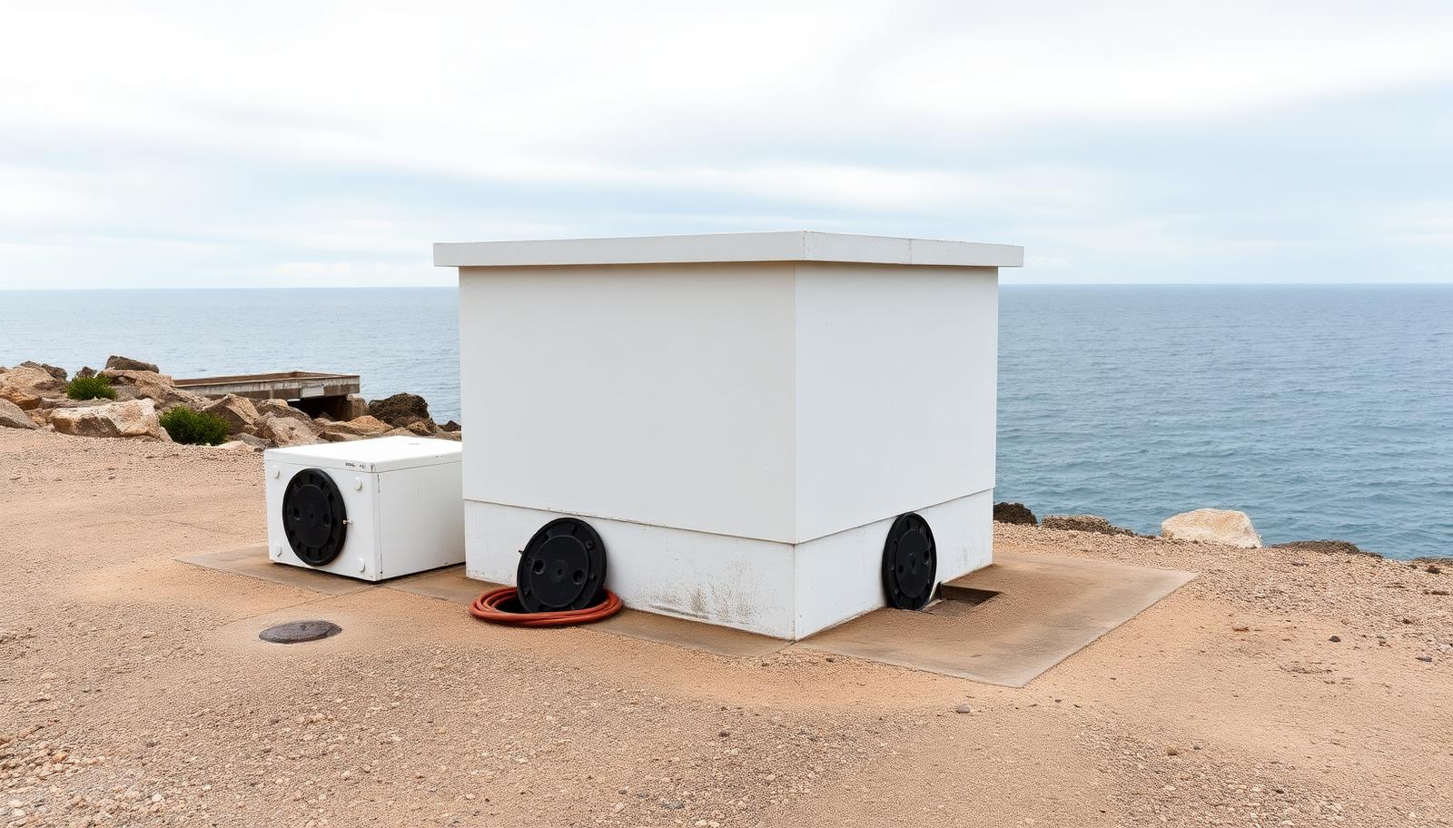 A small white cable landing station building on a rocky coastline with the sea behind it