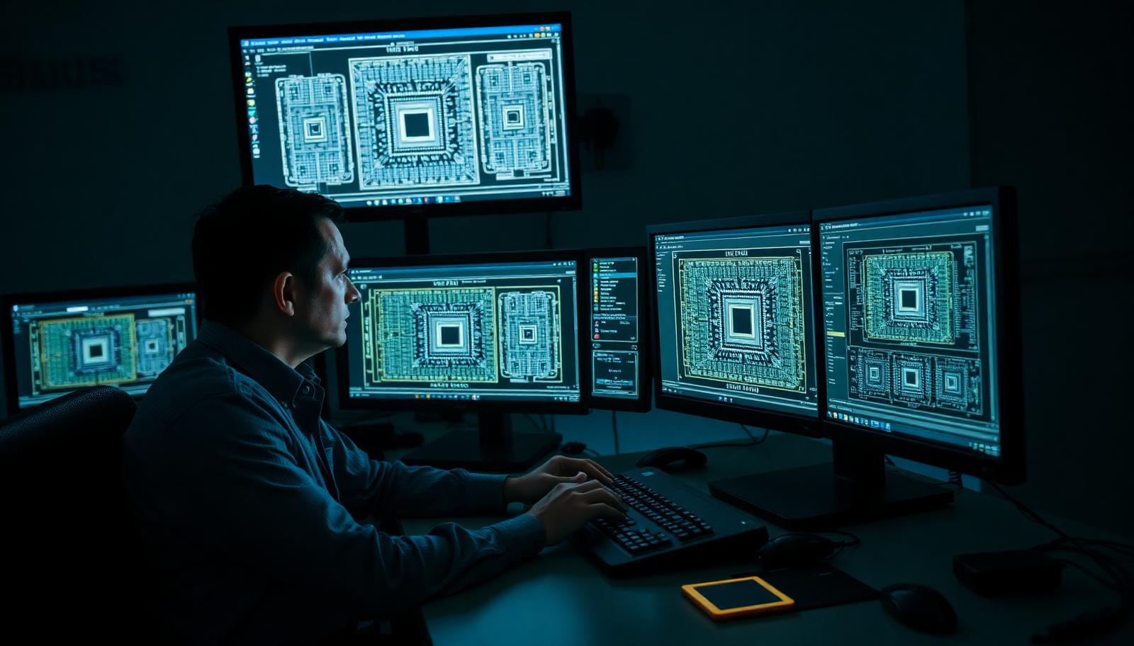 An engineer at a dark workstation reviewing chip layout diagrams on multiple monitors