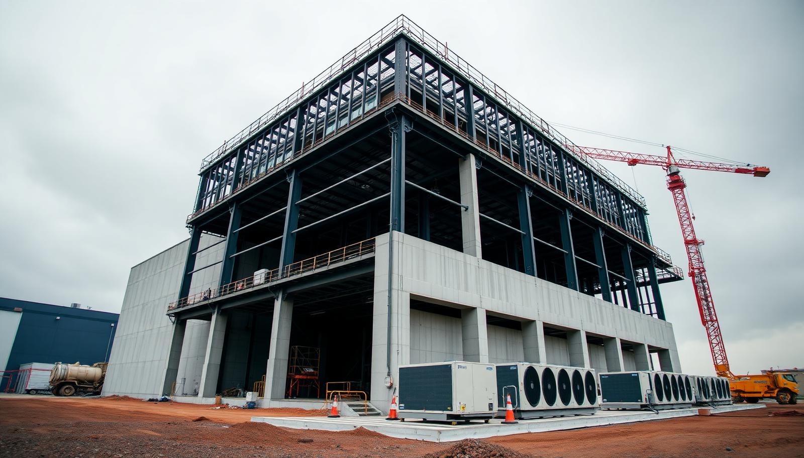 A large data centre building under construction with steel frame, crane and cooling units