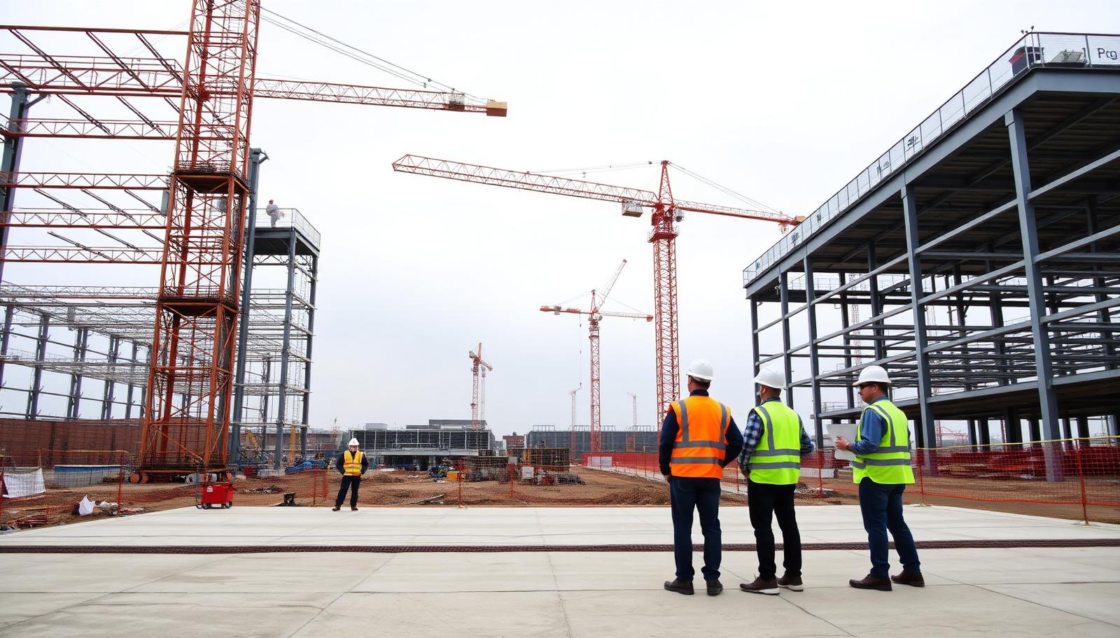 A large windowless industrial building under construction behind a security fence, with electrical infrastructure in the foreground