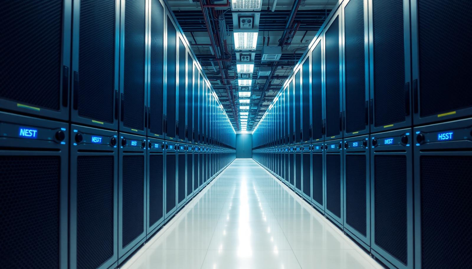 A data centre aisle lined with server racks and blue indicator lights