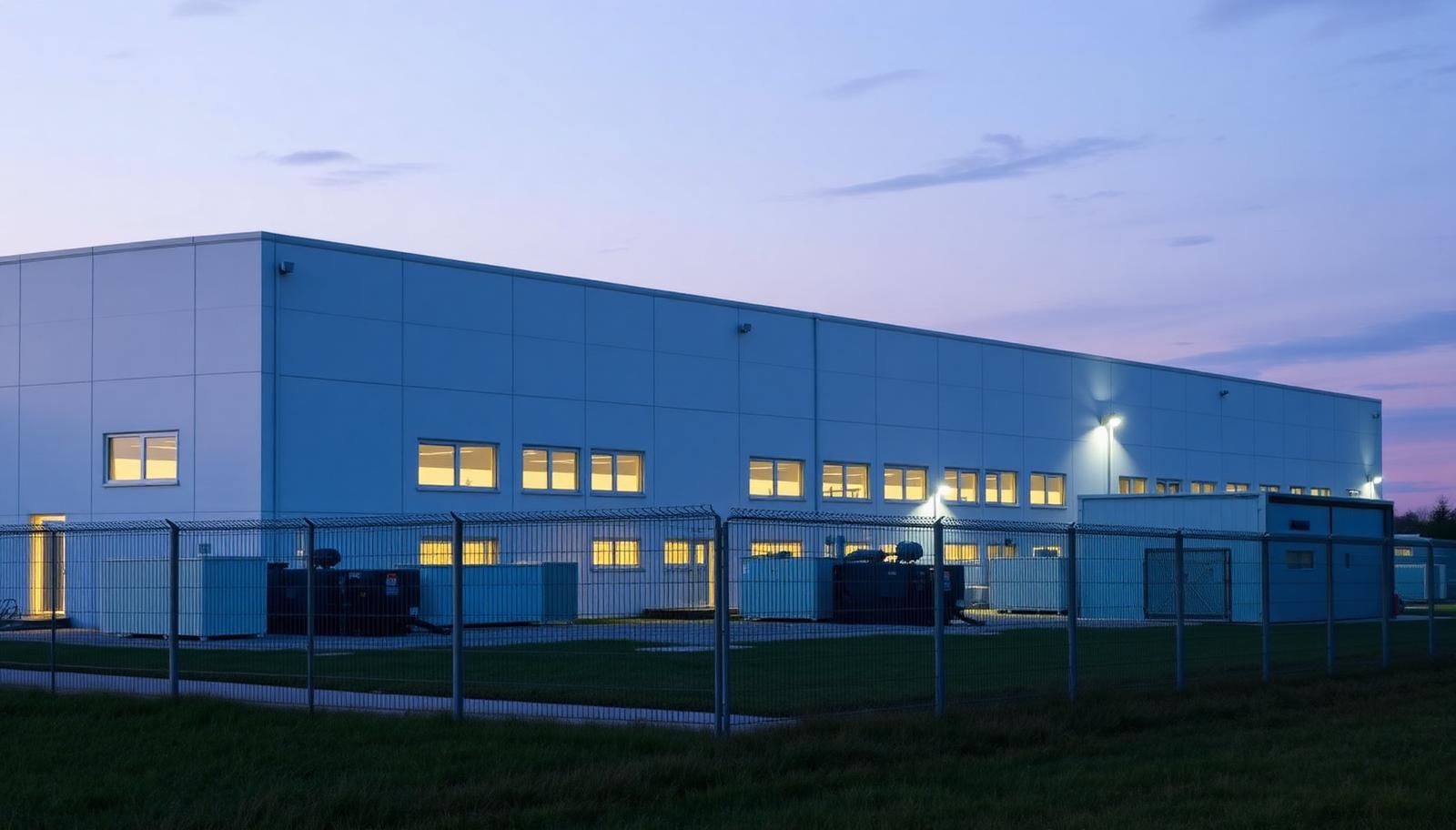 Exterior of a modern windowless data centre facility at dusk behind a security fence