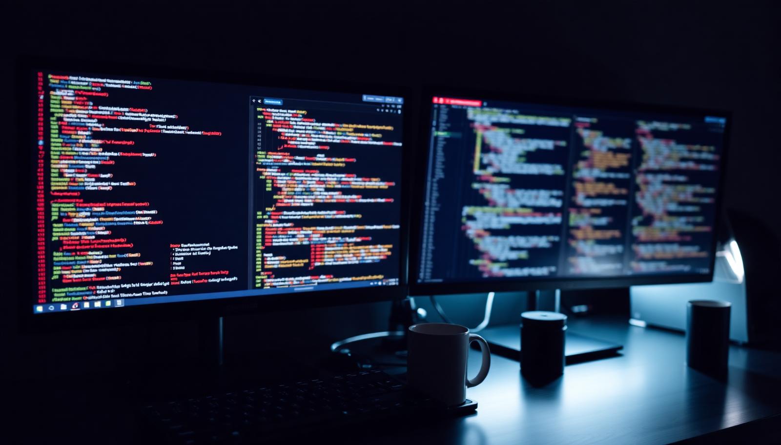 A developer workspace at night with two monitors showing blurred code and a coffee mug on the desk