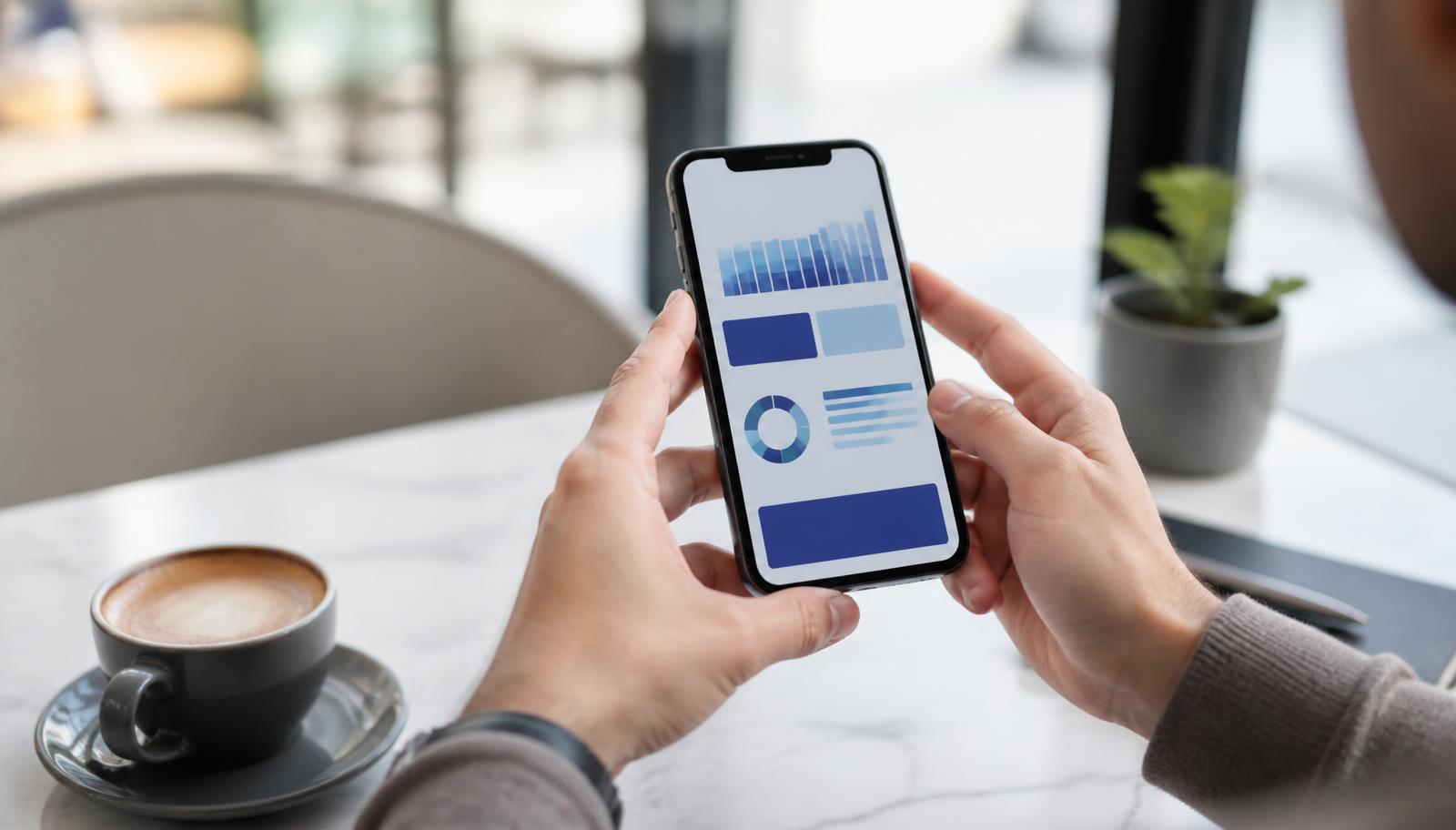A person holding a smartphone showing an abstract blue banking dashboard with chart shapes and no readable text
