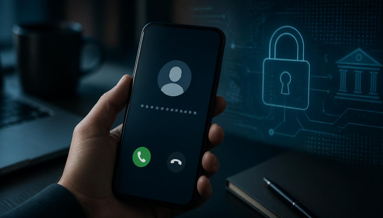 Illustration of digital banking security and protection against fraudulent phone calls