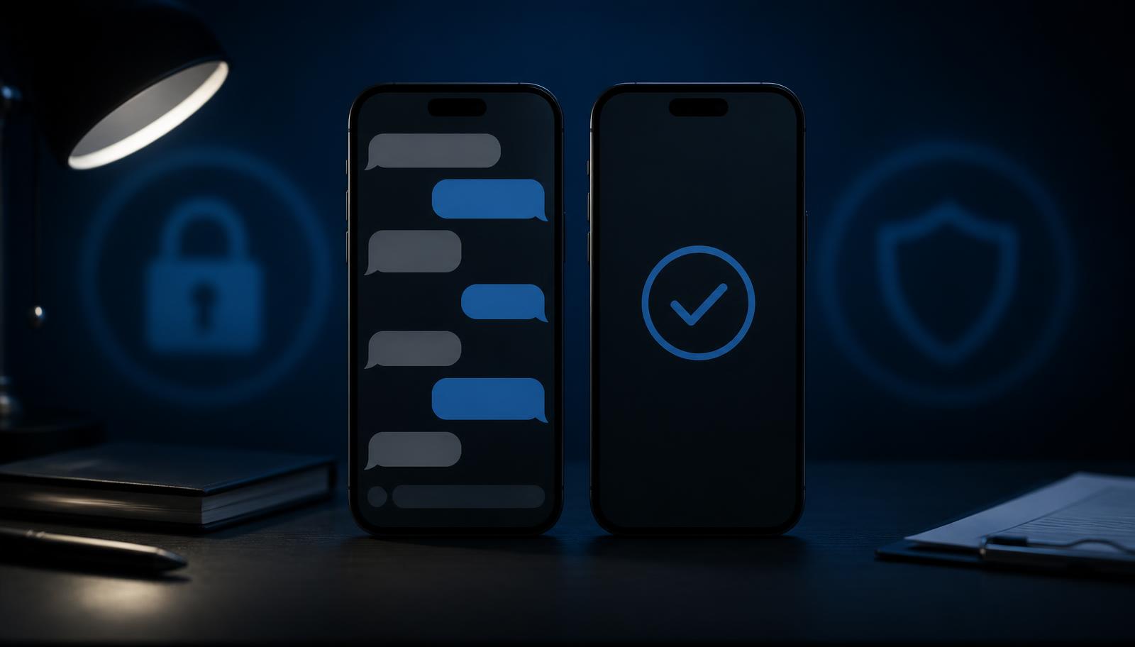 Two phone screens on a dark desk, one showing an anonymous messaging conversation and one showing a payment confirmation