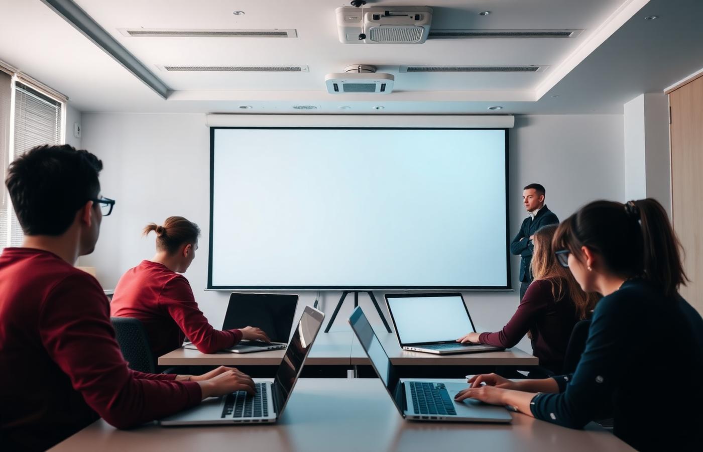 Adults working at laptops in a training room with an instructor standing nearby