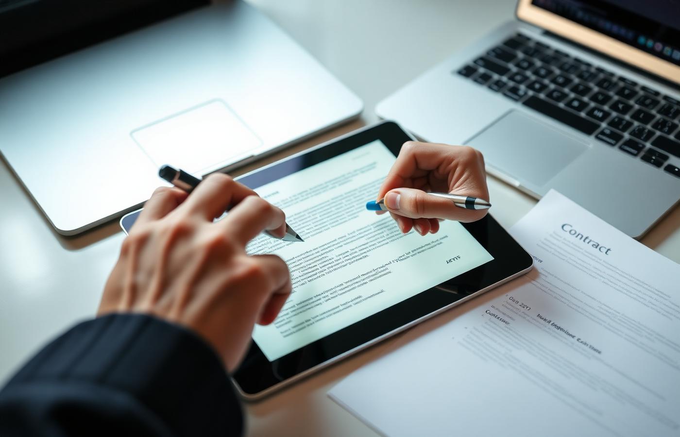 A hand signing a document on a tablet beside a laptop and a printed contract