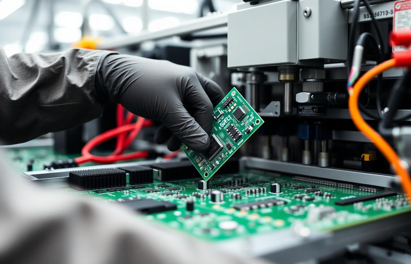 A gloved worker handling a printed circuit board on an assembly line