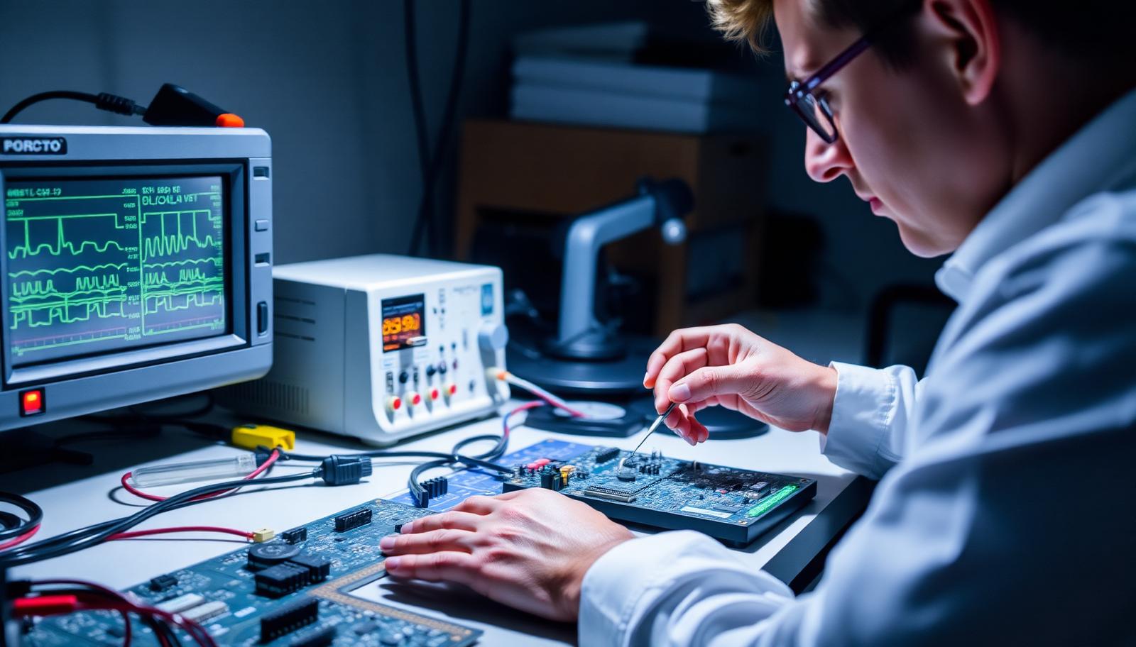 An electronics design laboratory bench with an oscilloscope, a circuit board under a magnifier and a workstation displaying a schematic