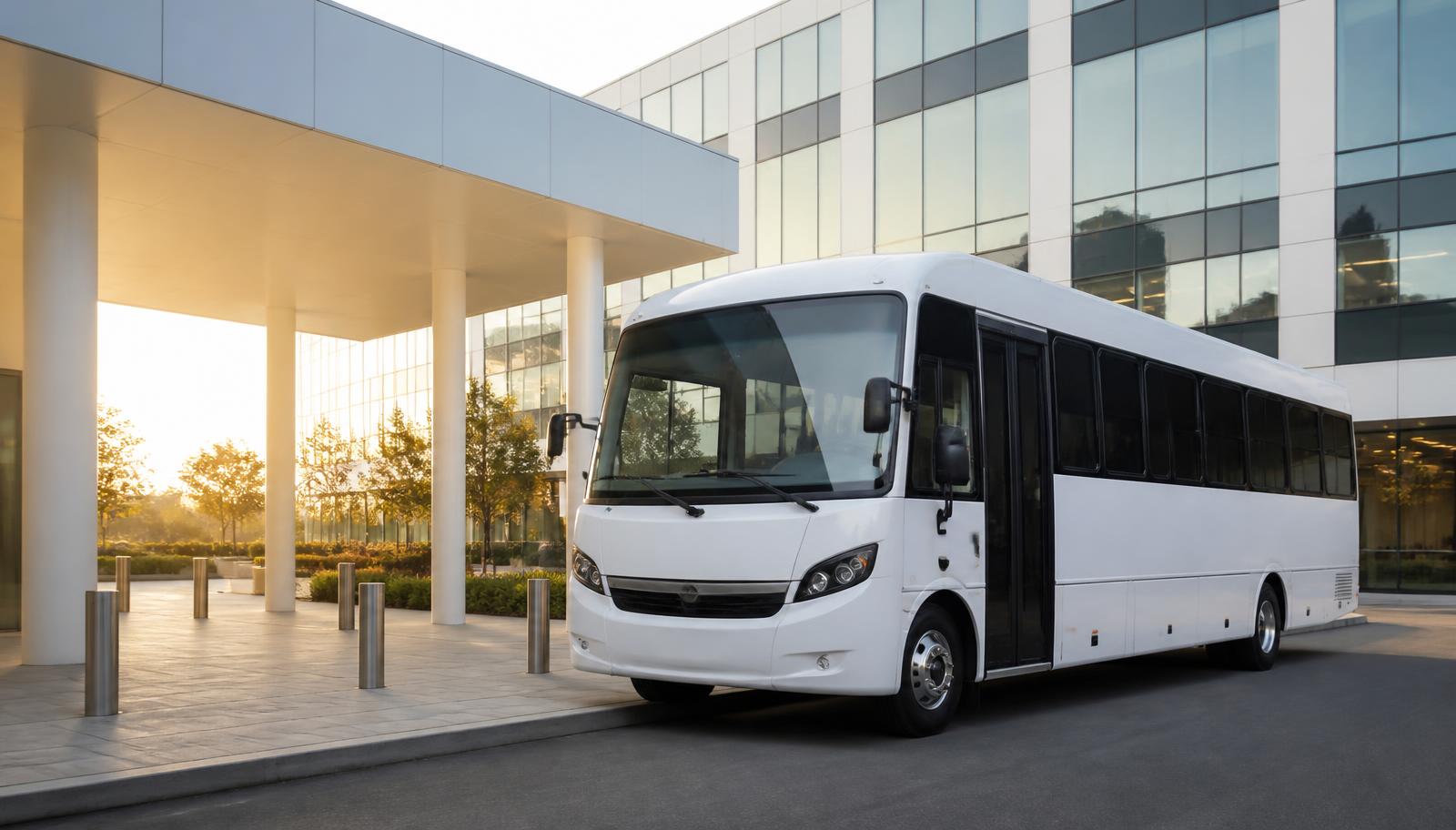 A modern commuter shuttle bus waiting at a city kerbside with passengers boarding, no visible branding
