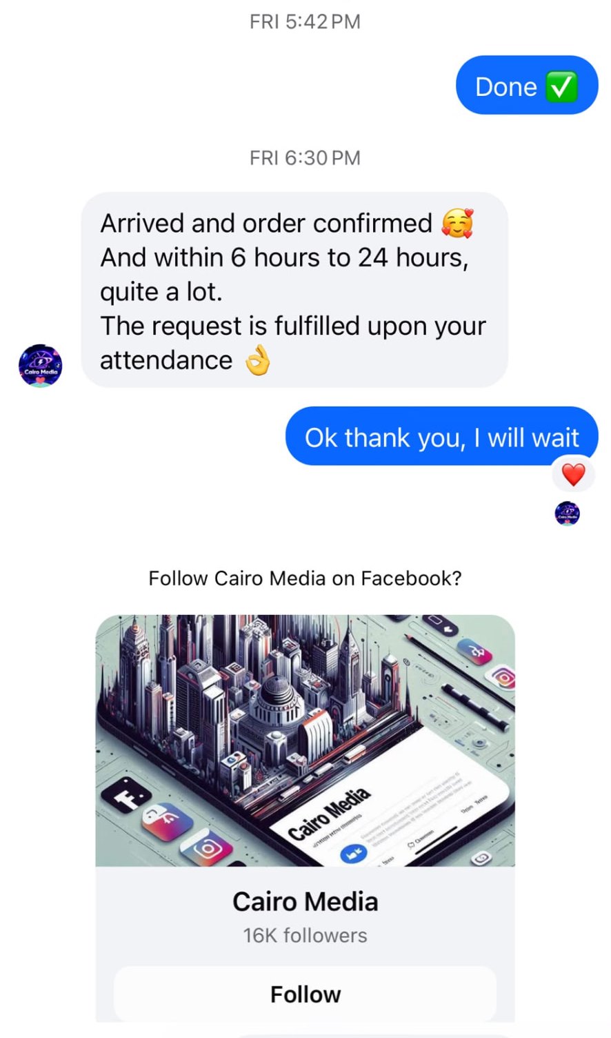 Redacted screenshot of the account confirming the order and promising completion within 6 to 24 hours
