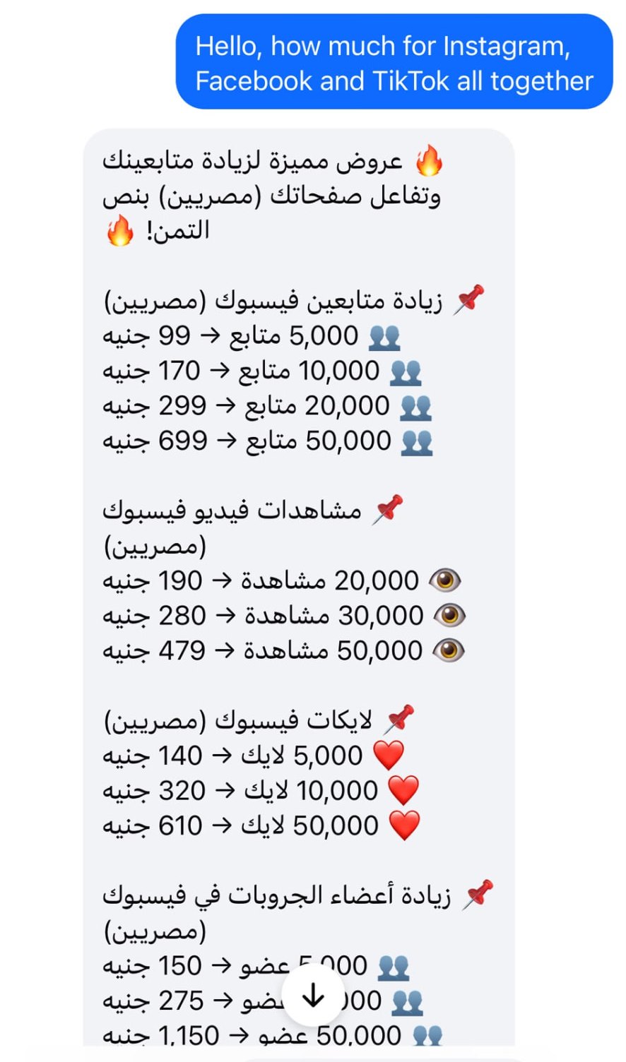 Redacted screenshot of a message listing prices for Egyptian followers, video views, likes and group members