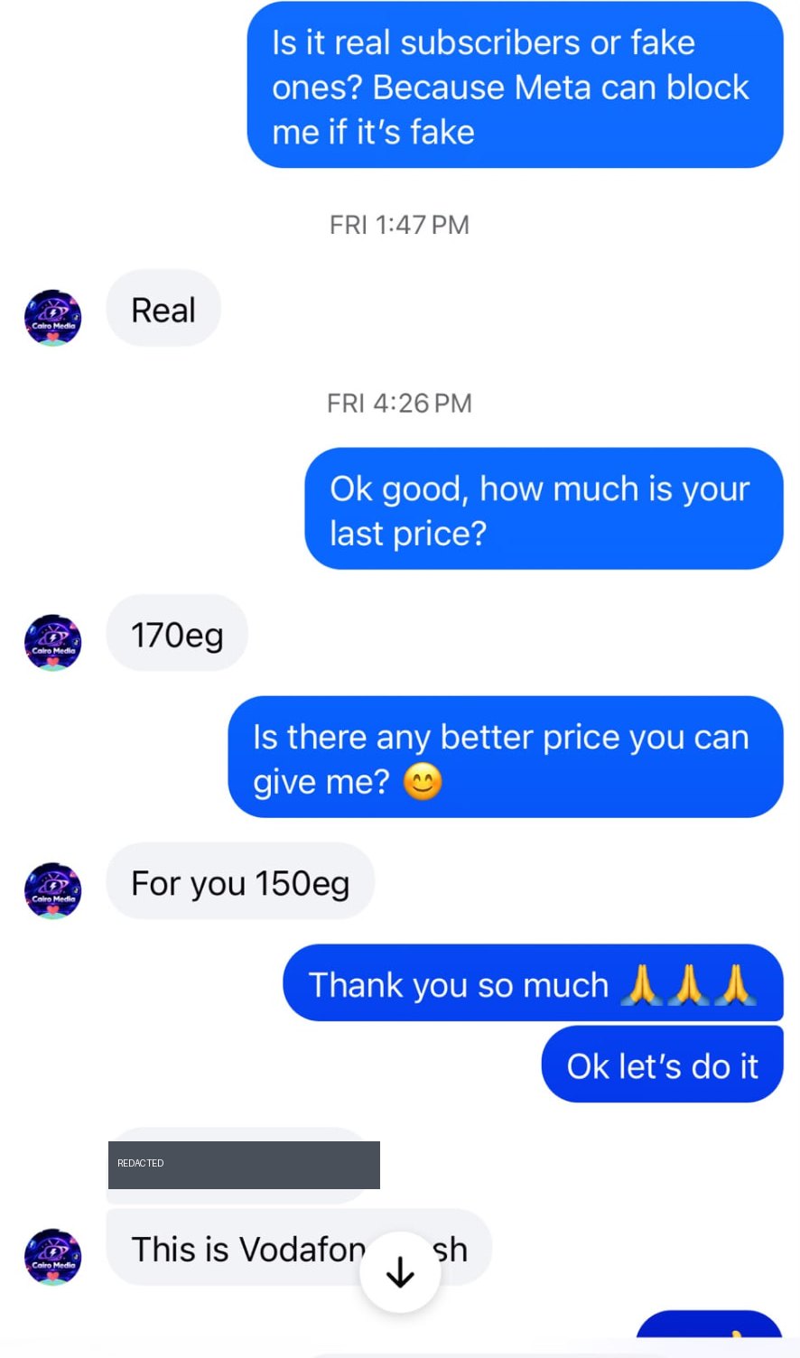 Redacted screenshot in which the account states the followers are real and quotes a price