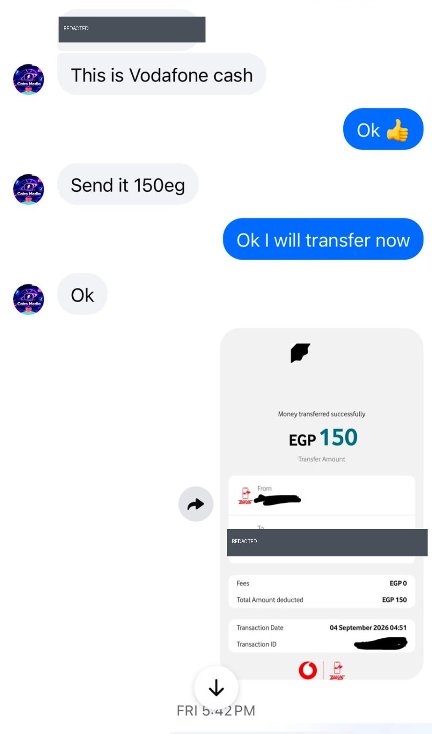 Redacted screenshot of a Vodafone Cash receipt showing a successful transfer of EGP 150