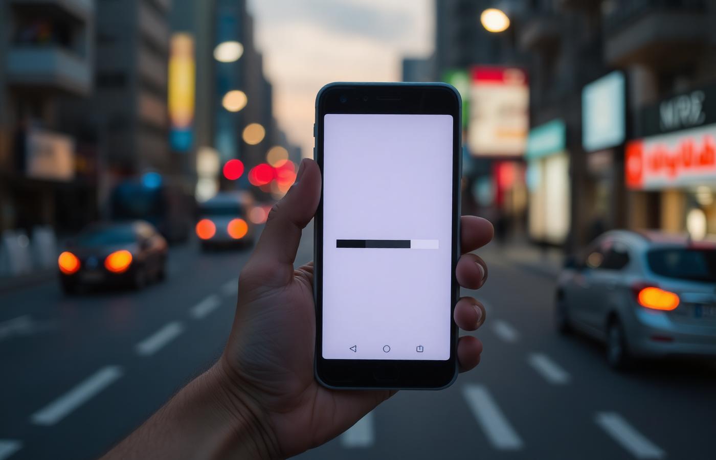 A hand holding a smartphone displaying a blank screen in a city street