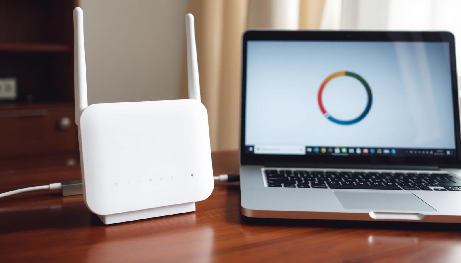 A white home wifi router on a desk next to an open laptop showing a plain speed dial graphic