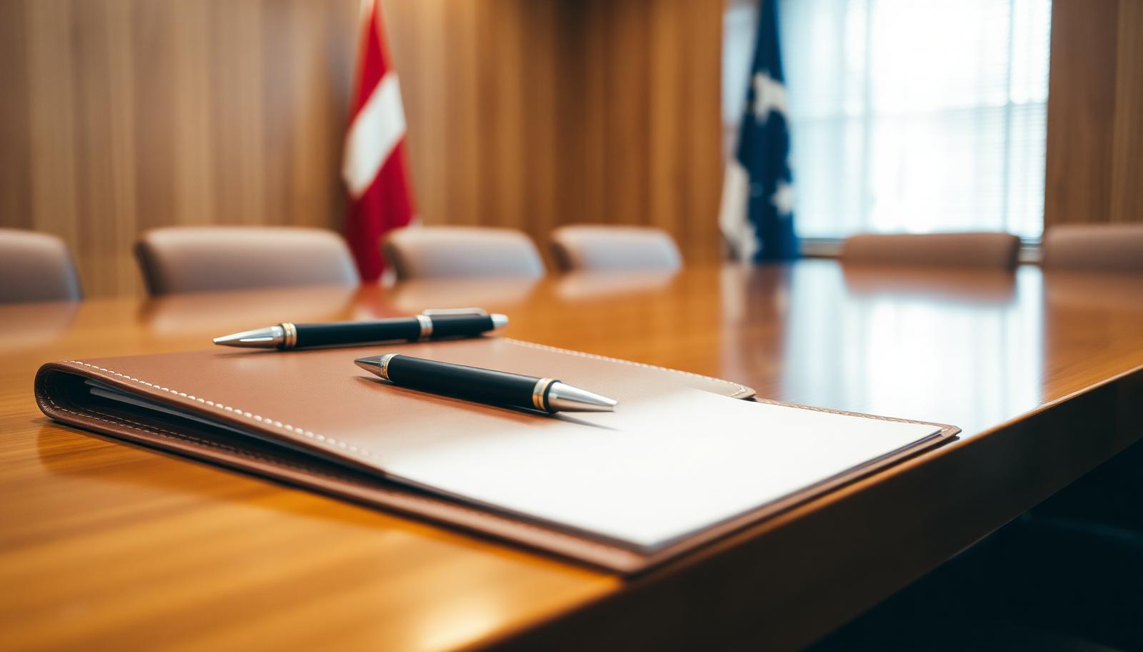 Two closed document folders with pens placed side by side on a polished conference table in a formal meeting room