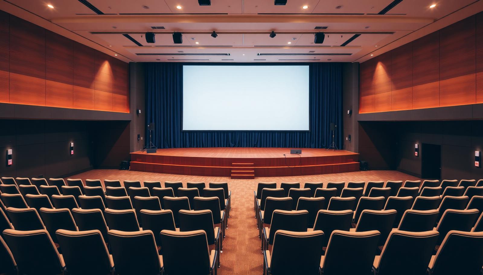 An empty conference hall set with rows of chairs facing a stage, with lighting rigs and a blank projection screen