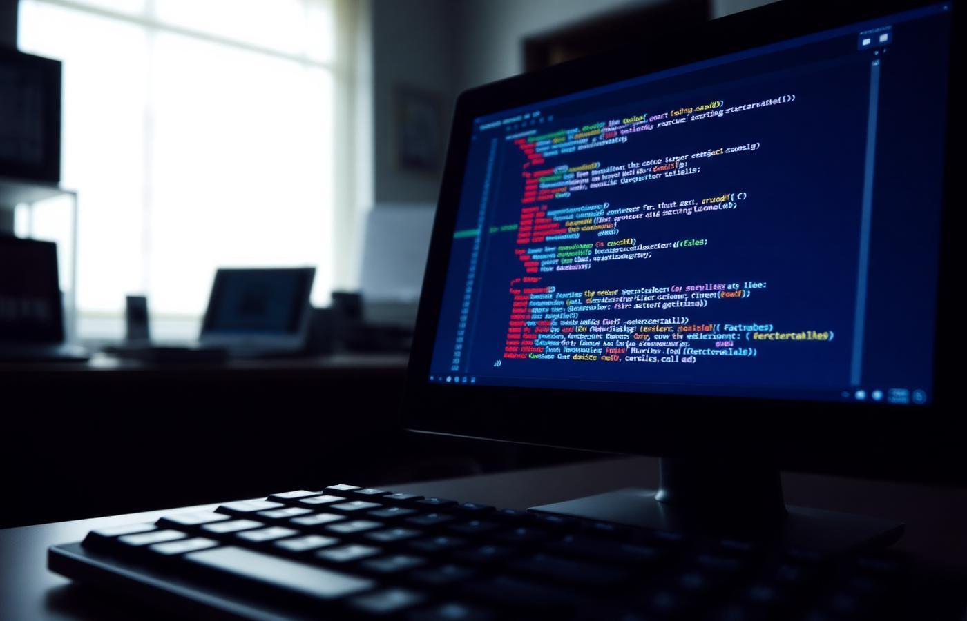 A researcher working at a desk with code and data visualisations on screen