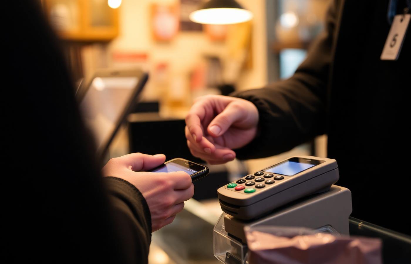 A customer paying with a smartphone at a shop card terminal
