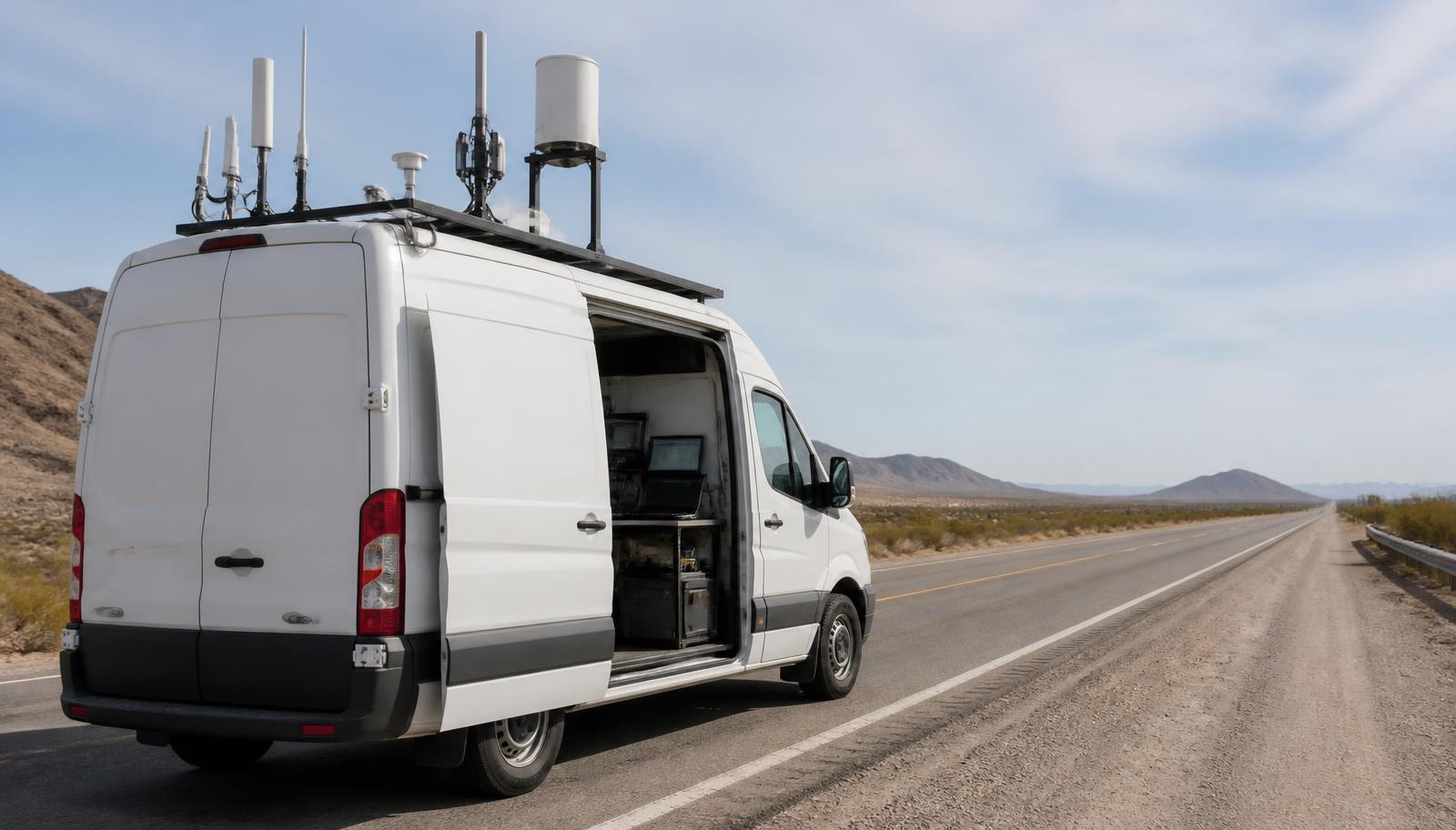 A plain white measurement van with roof-mounted antennas parked on the shoulder of an empty highway, test laptops visible through its open side door
