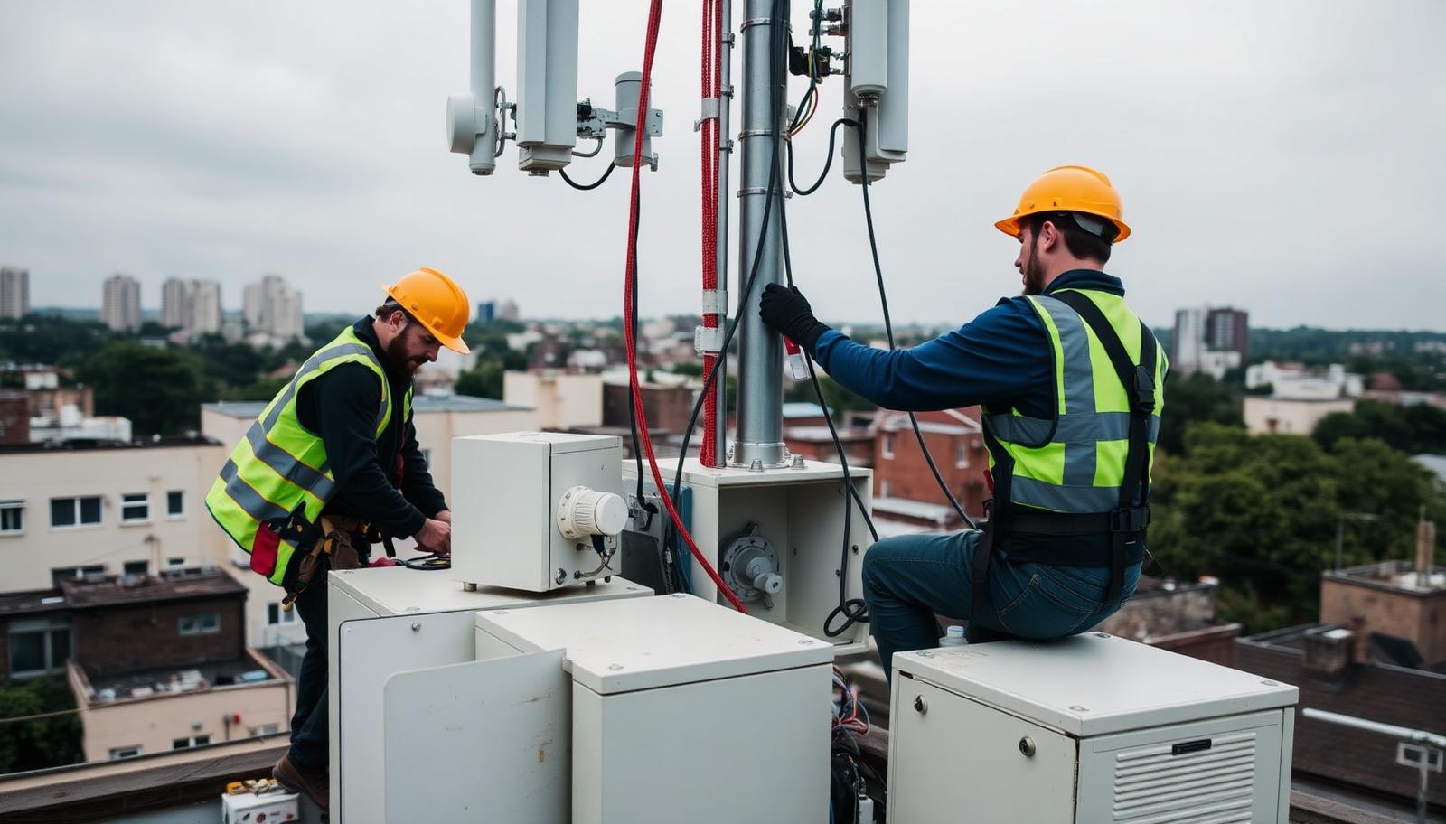 Two technicians in hard hats and high-visibility vests working on equipment cabinets beside a rooftop mobile mast