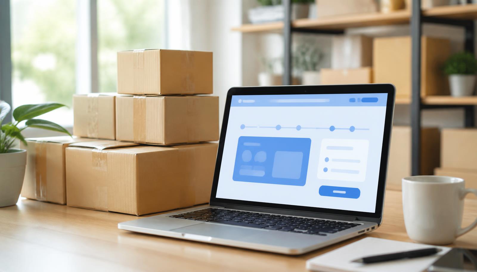 Cardboard parcel boxes stacked beside an open laptop showing an abstract online checkout interface with no readable text