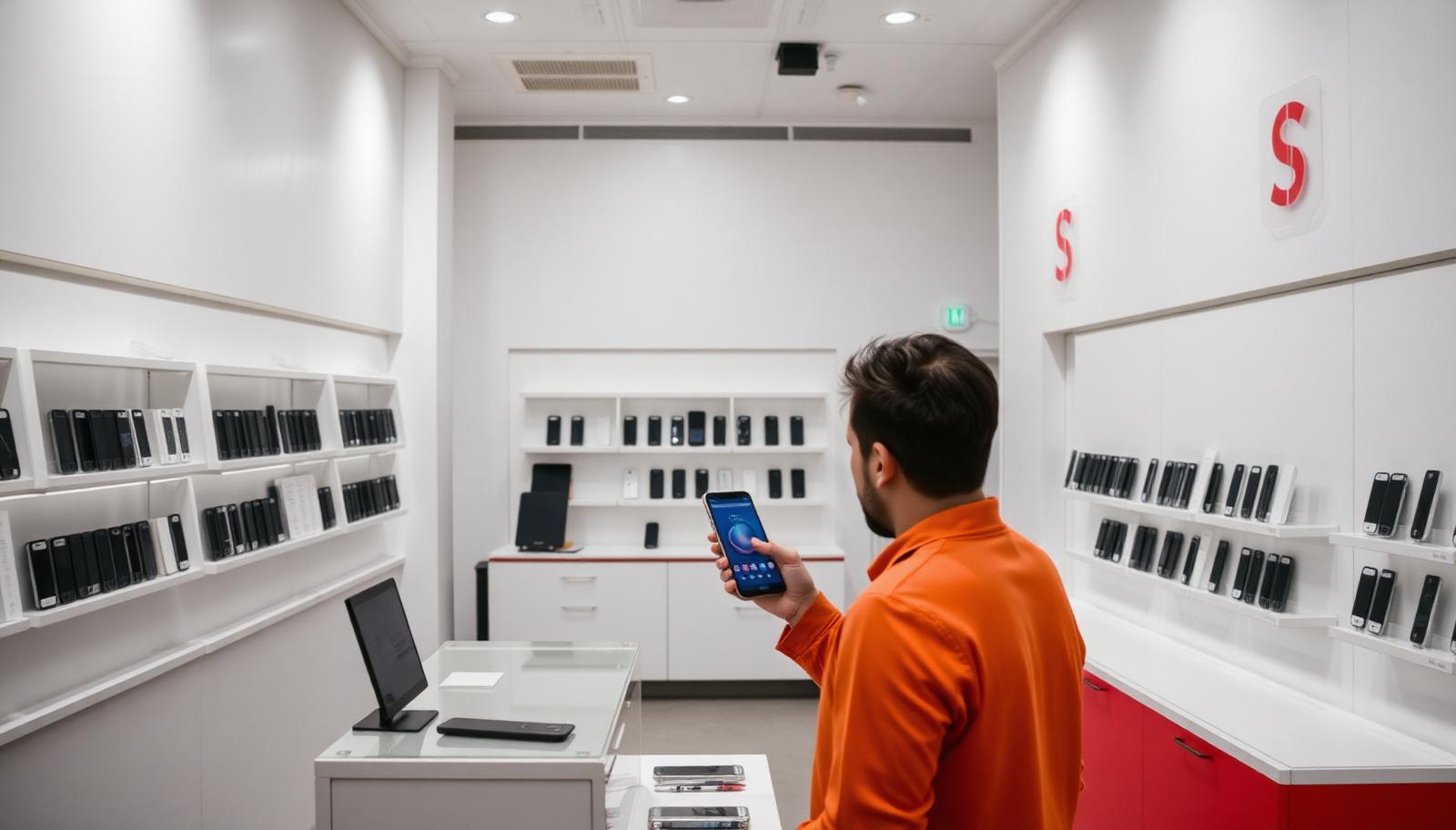 Interior of a mobile phone shop with handsets on display shelves and a customer at the counter