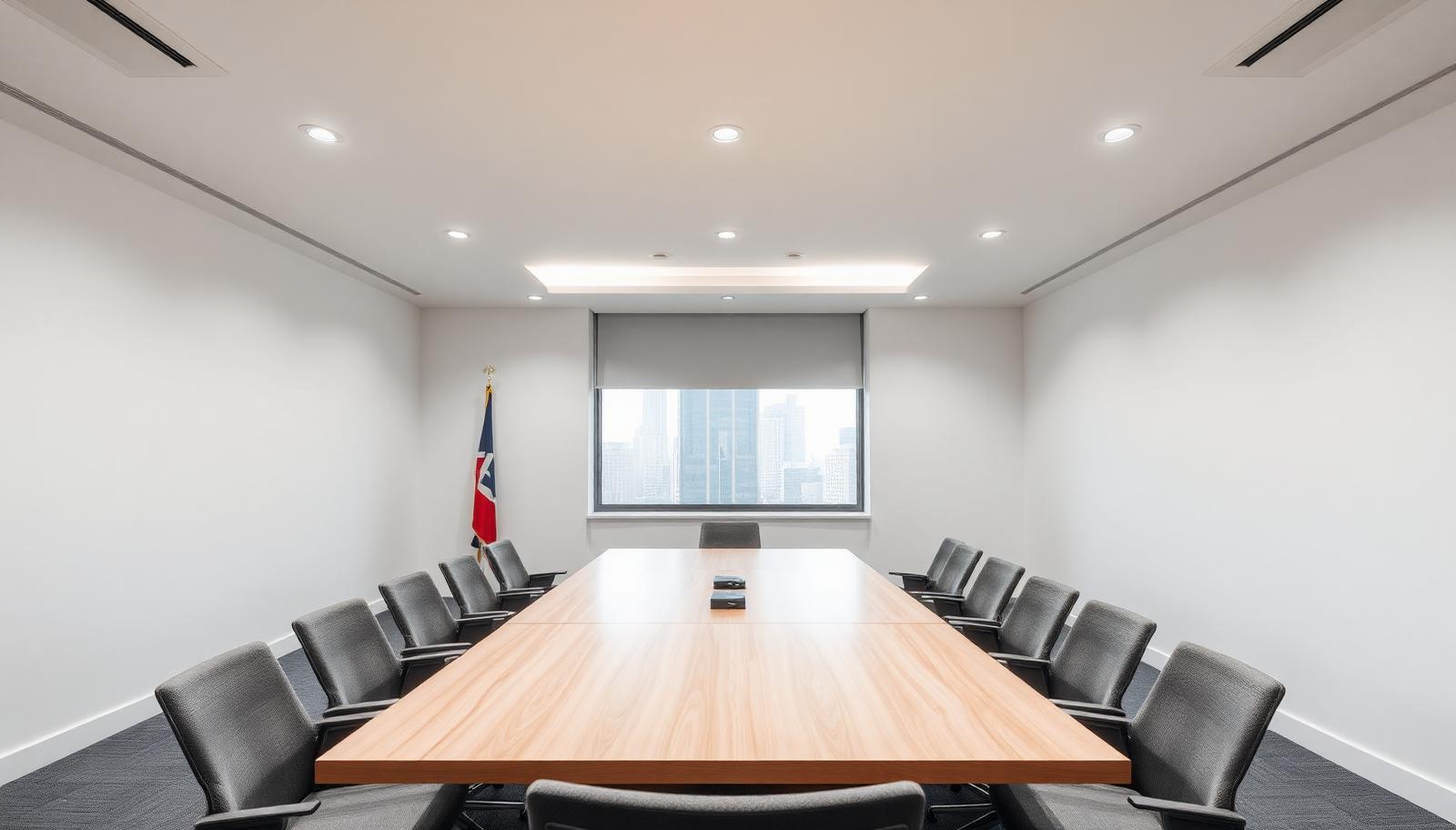 An empty modern conference room with a long wooden table and grey chairs