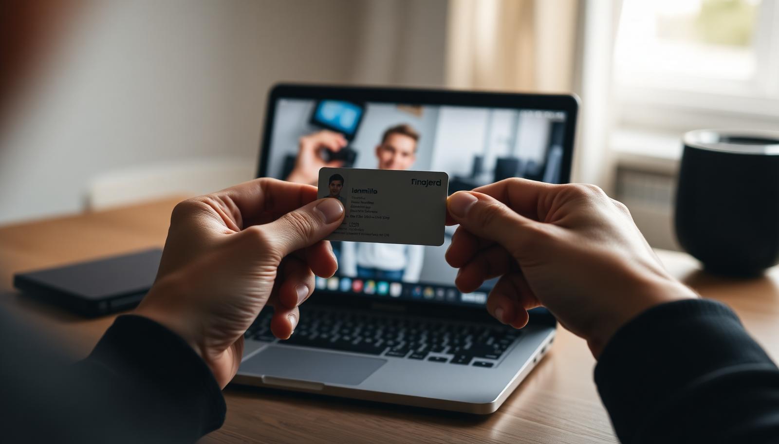 A person holding an identity card in front of a laptop camera for remote verification