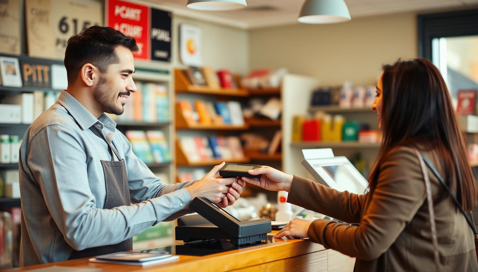 A shopkeeper handing a card payment terminal to a customer at a small retail counter