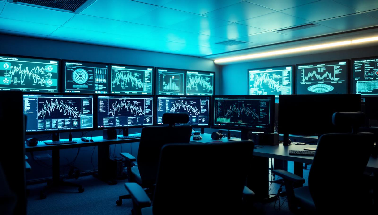 A network operations room with dark monitors showing dashboards