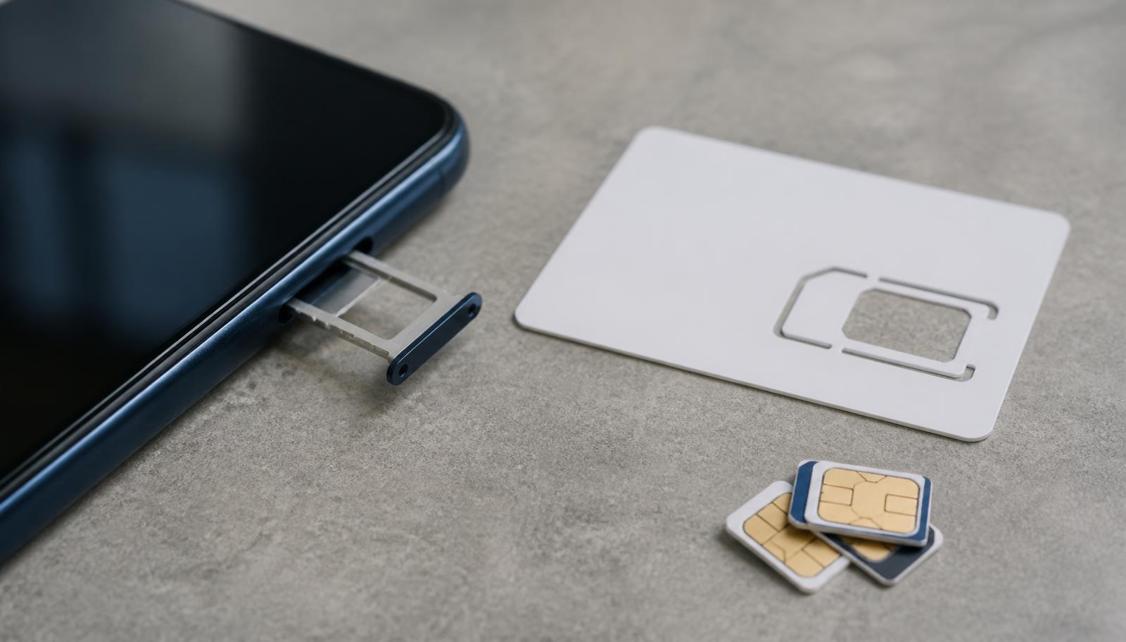 A smartphone SIM tray open on a grey surface beside a blank identity card and a small stack of SIM cards