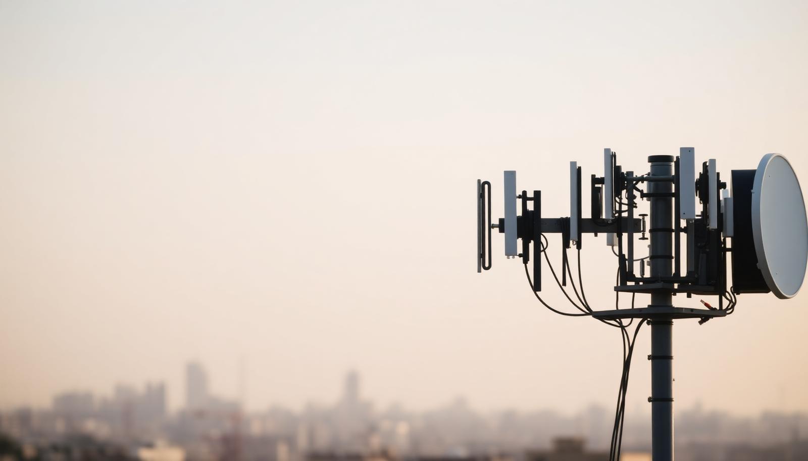 Mobile network antennas mounted on a rooftop mast against a clear sky