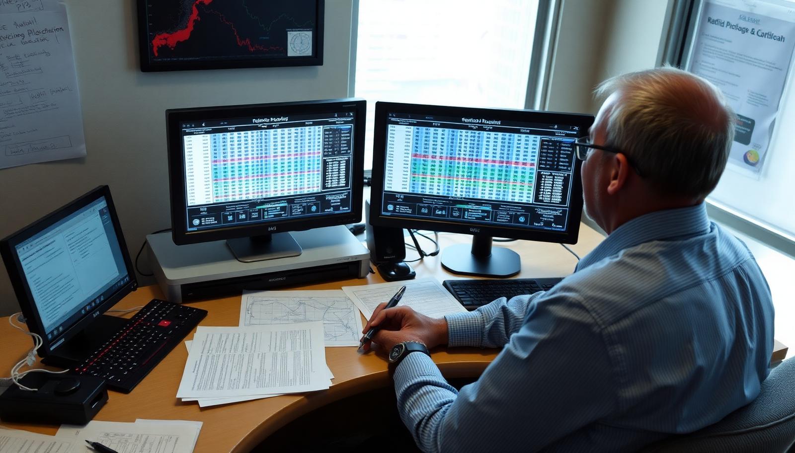 Engineer at a desk reviewing frequency allocation tables on two monitors with printed technical documents