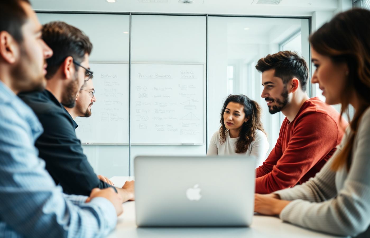 A small startup team meeting around a laptop in a bright office