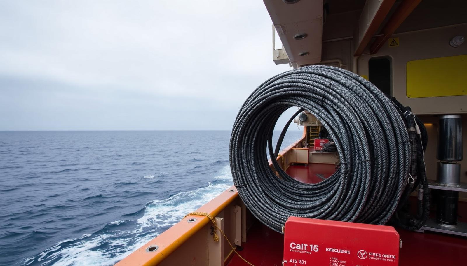 A cable-laying vessel at sea with deck machinery in the foreground