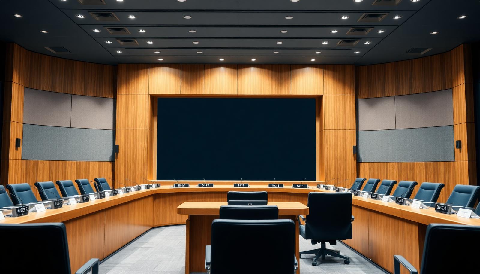 A formal government council chamber with a curved wooden table, microphones and a large blank screen