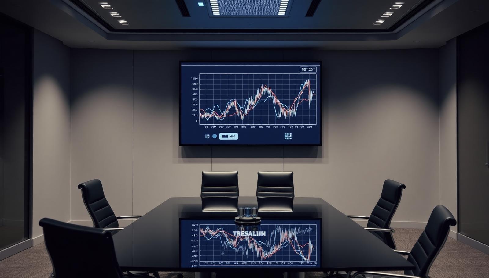 Empty corporate boardroom with a large screen displaying abstract line charts