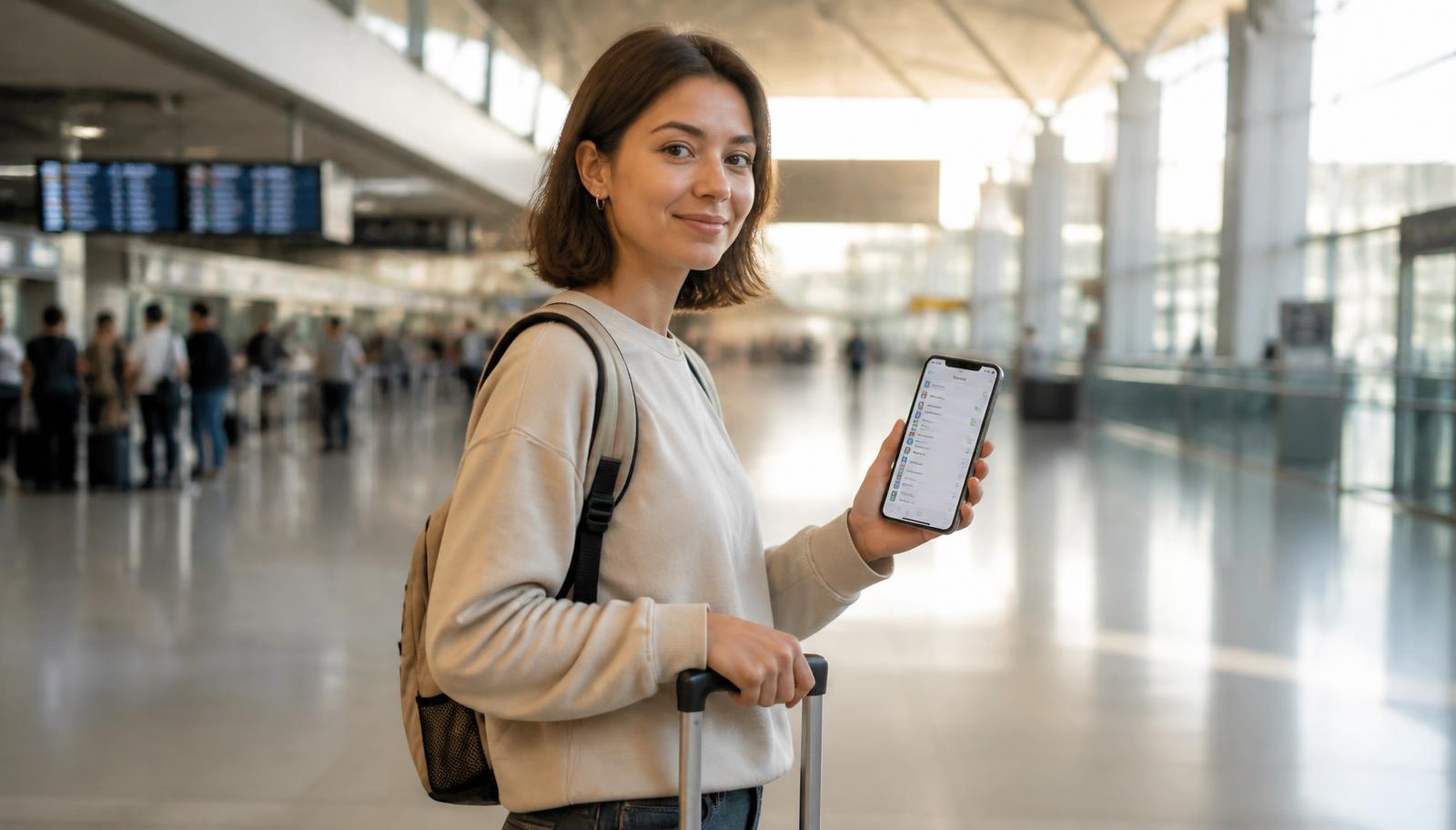 A traveller with a backpack and suitcase checking a smartphone in a bright airport terminal