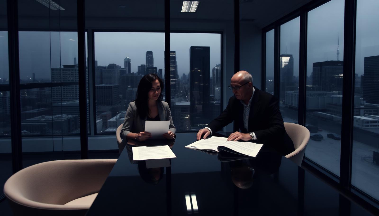 Two investors reviewing printed documents at a glass table in a dark office with a city skyline behind them