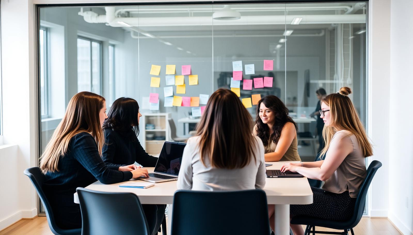 Founders working around a table in a bright co-working space with laptops, notebooks and sticky notes on a glass wall